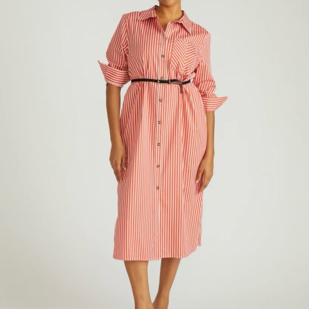 Small 14/16 Odeon Poplin Shirt Dress coral reef/white stripe.
